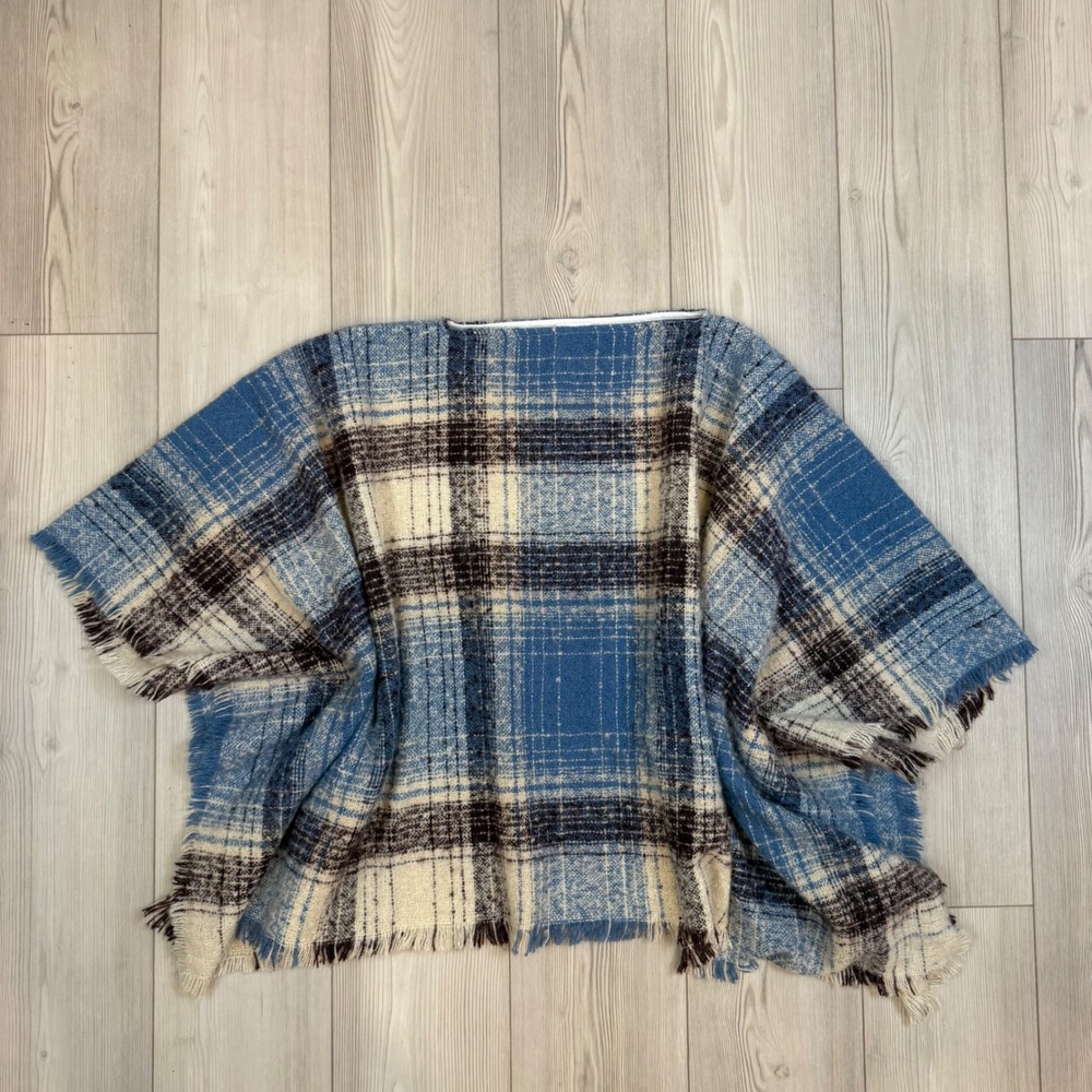 J. Jill Blue Plaid Fringed Poncho Wrap Oversized Tartan Shawl Cape One Size